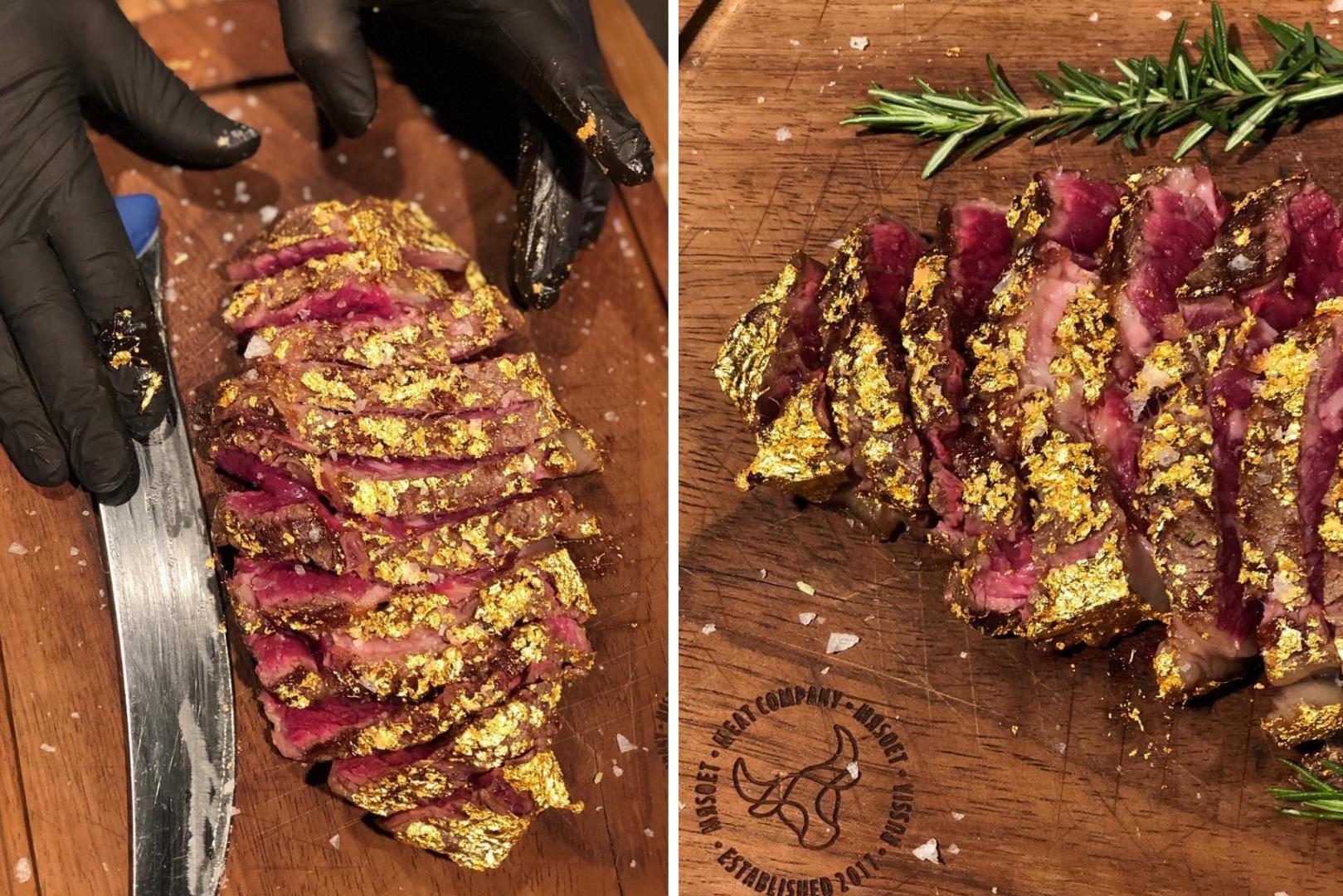 Gold meat. Gold Steak Tomahawk 24 Karat. Мясо с золотом. Стейк с золотом. Сусальное золото стейк.